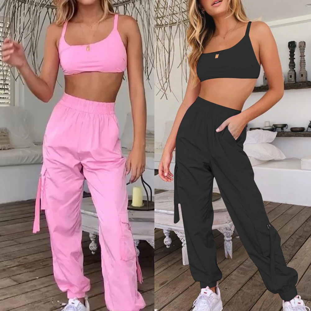

Women Fitness Sleeveless Crop Tops + Pants Leggings Tracksuit Set Workout Sports Gym Running Two-piece Suit