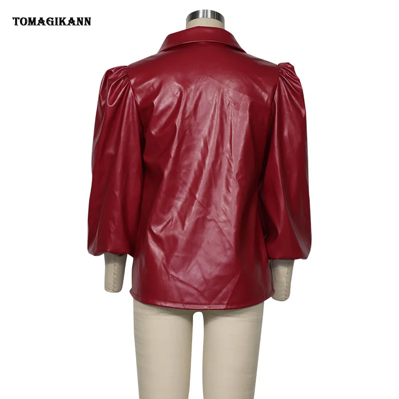 Женская блузка из искусственной кожи с буффами на рукавах весна 2020|Блузки| |