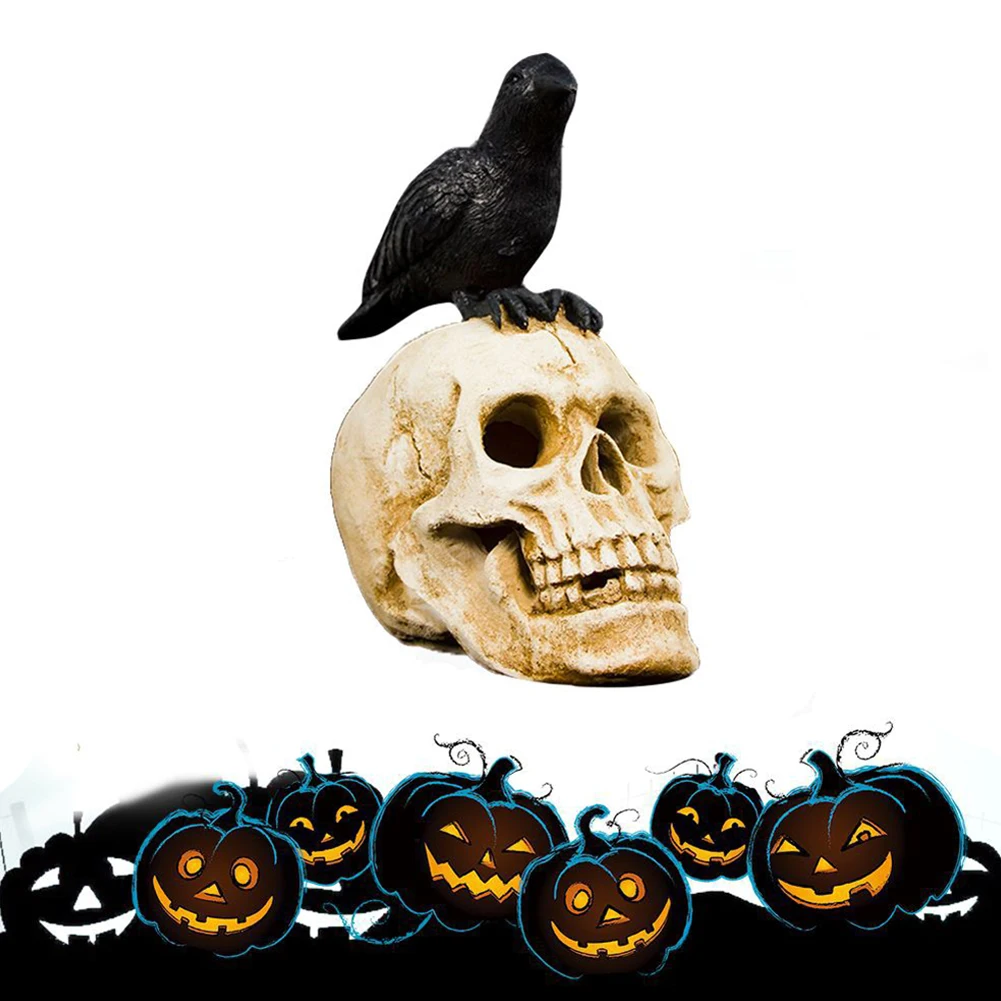 Halloween Black Crow Skull Head Figurine Ornament Skeleton Bones Gothic Art 26x25cm/10.3x9.9inch | Дом и сад
