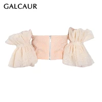 galcaur sexy womens blouses slash neck half sleeve off shoulder apricot embroidery patchwork solid shirts female 2021 clothing