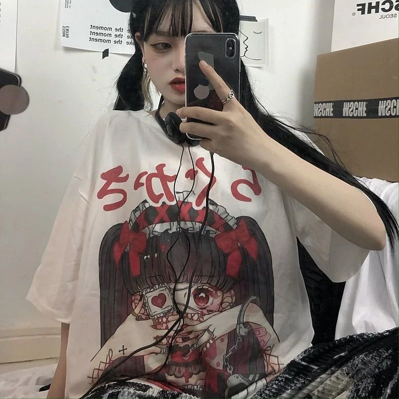 

Summer Gothic Women's T-shirt Beautiful Loose Women's Top Korean Popular Fashion Punk Grunge Harajuku Oversized Clothing y2k