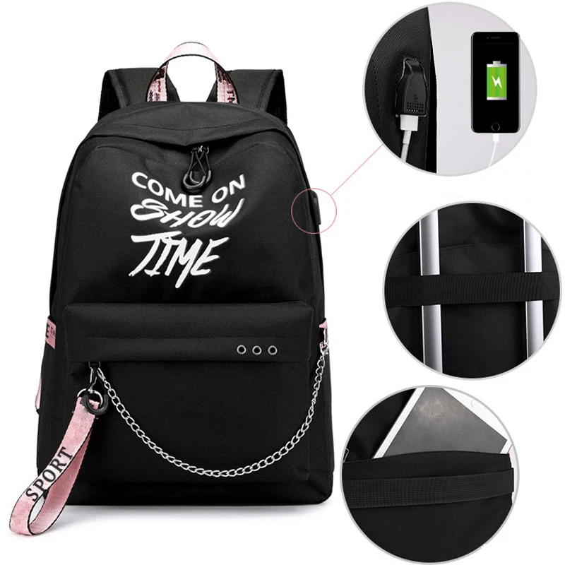black pink Winmax, светящийся женский рюкзак с USB зарядкой, модный школьный рюкзак с буквенным принтом, рюкзак с лентами для девочек-подростков, Mochila Sac A Dos - Цвет: black pink