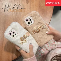 winter furry 3d candy bear bowknot phone case for iphone 13 pro max 12 11 7 8 plus x xr xs max shock proof phone back covers