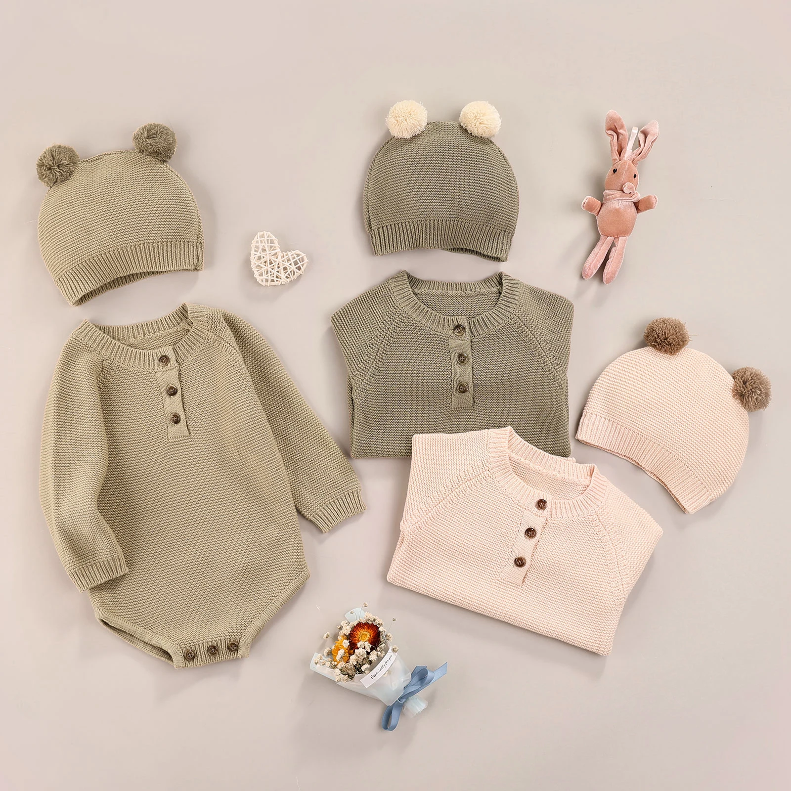 

Bmnmsl 2Pcs Newborn Solid Color Outfits Baby Long Sleeve Round Neck Knit Playsuit + Tie-up Cap with Pom Poms Suits