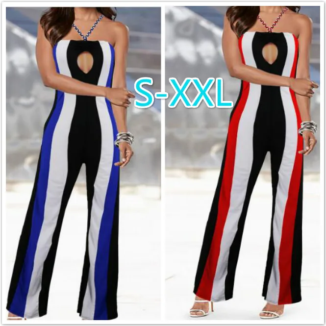 New Fashion Woman Ladies Sleeveless Strap Striped Flared Pant Romper Jumpsuit Playsuit One Pieces Summer Clothes