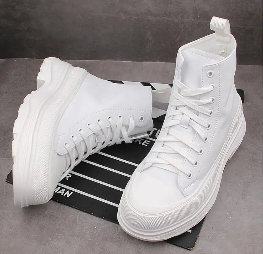 Jual Sneakers Pria Kulit Atasan Tinggi Warna Campuran Sepatu Kasual Sepatu Penambah Tinggi Hip-Hop Sepatu Bot Pergelangan Kaki Zapatillas Hombre