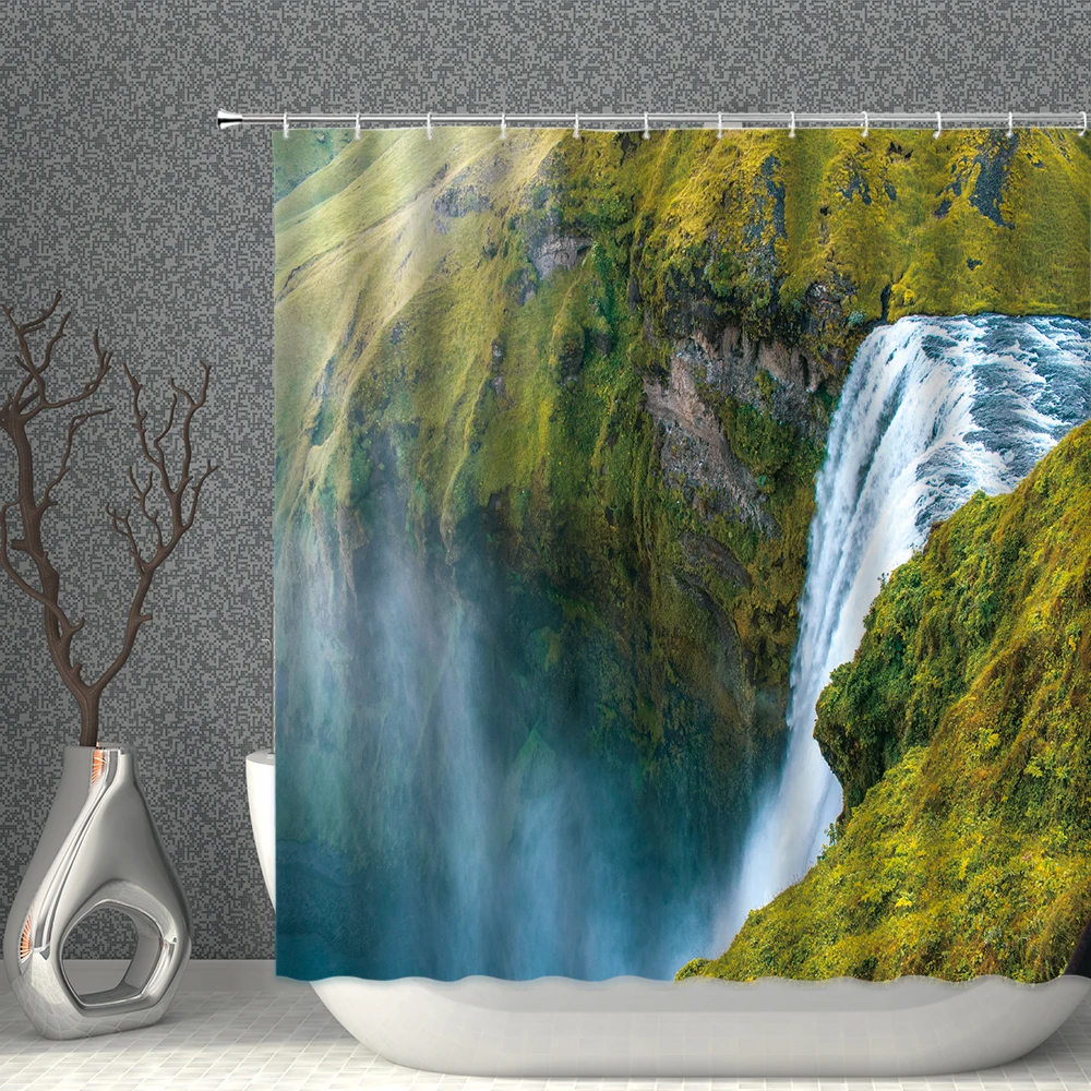 

Водонепроницаемая Штора для душа, занавеска из полиэстера, с рисунком природного ландшафта, зеленых растений, «Водопад», с крючками, украше...