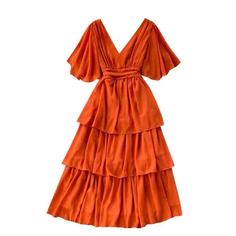 

2021 New The Chiffon Dress Showed Off Lean Flesh Sexy V-neck Back Lotus Leaf Side Horn Sleeves Waist Thin Cake Dress