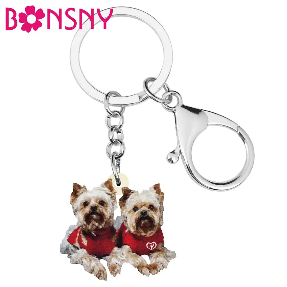 

Bonsny Acrylic Christmas Double Yorkshire Dog Key chains Animal Keychain Bag Car Purse Wallet Key Rings For Women Girl Lady Gift