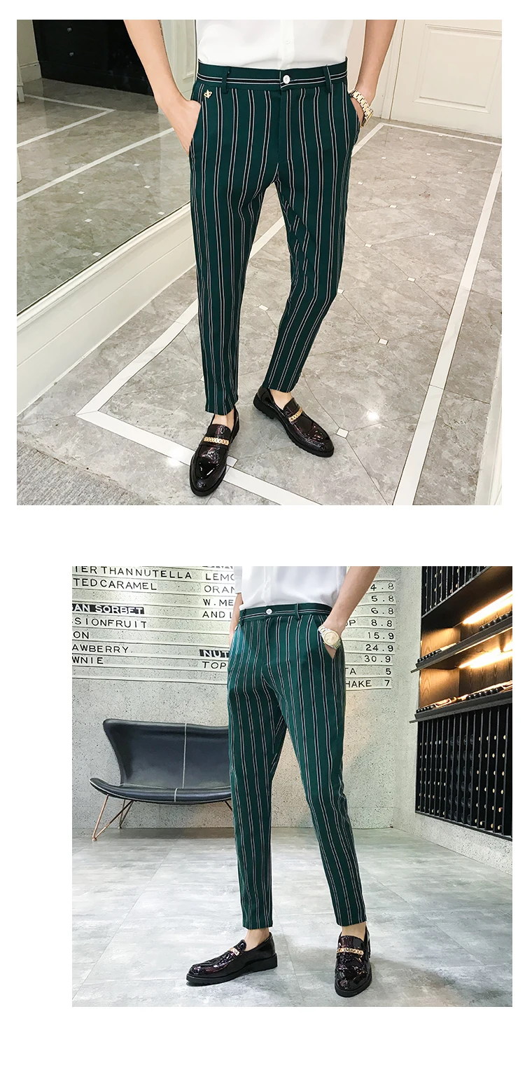 Autumn Stripe Men Dress Pants Black Green Mens Pants Fashions Streetwear Men Skinny Fit Men Trousers Pantalones Hombre