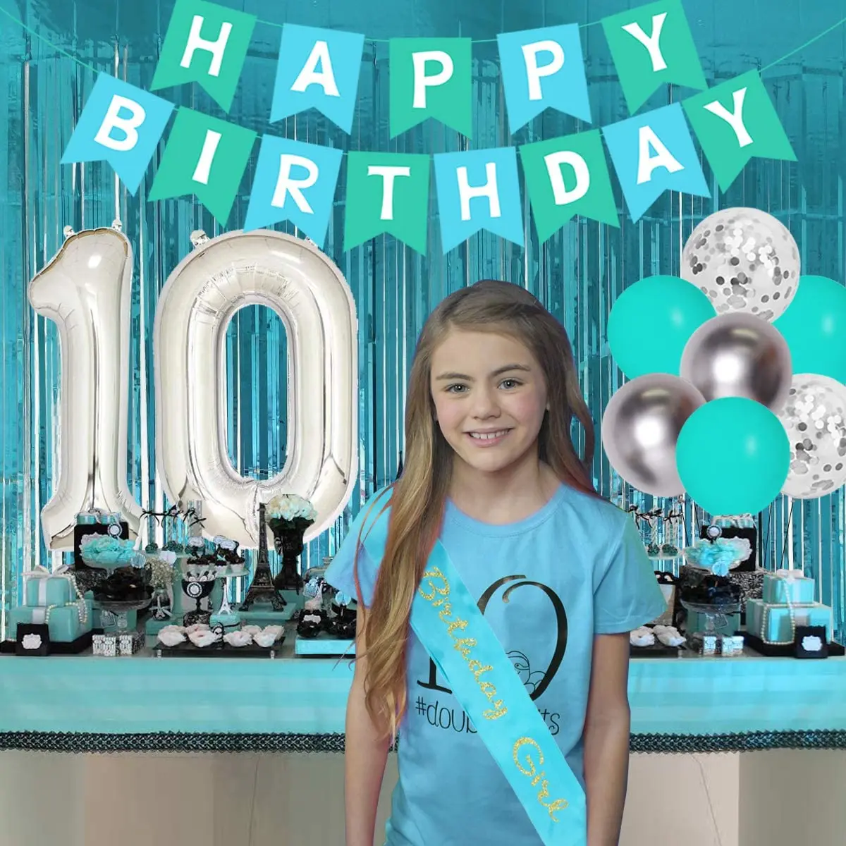 Decoraci&oacute;n Para fiesta de cumplea&ntilde;os de 10 &deg; a&ntilde;o, conjunto de globos de aluminio con doble n&uacute;mero 10, cortina con flecos, Banner para ni&ntilde;as, suministros de 10 a&ntilde;os-5