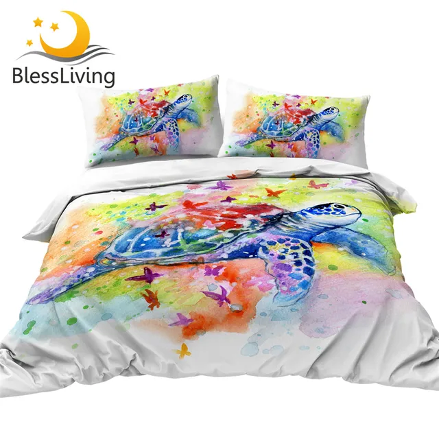 BlessLiving Sea Turtle Bedding Set Watercolor Tortoise Duvet Cover Set Twin Size Butterfly Bed Cover Colorful Bedclothes 3pcs 1