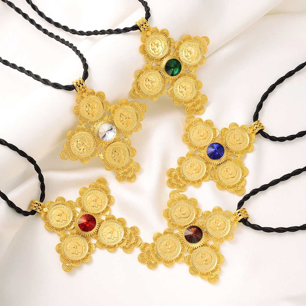 

Bangrui Multicolour Zircon Stone Gold Color Necklace Elegant Coin Cross Pendant For Women Africa Arab Party Gifts