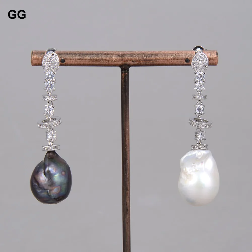 

GG Jewelry Natural White Black Keshi Baroque Pearl White Gold Color Plated CZ Paved Stud Dangle Earrings For Women