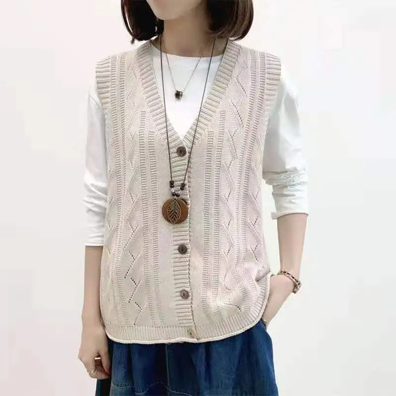 

Spring And Autumn Retro Knit Cardigan V-neck Wild Hollow Vest Fashion Loose Threaded Vest Women's Slim Sweatshirt Vest Tank Tops