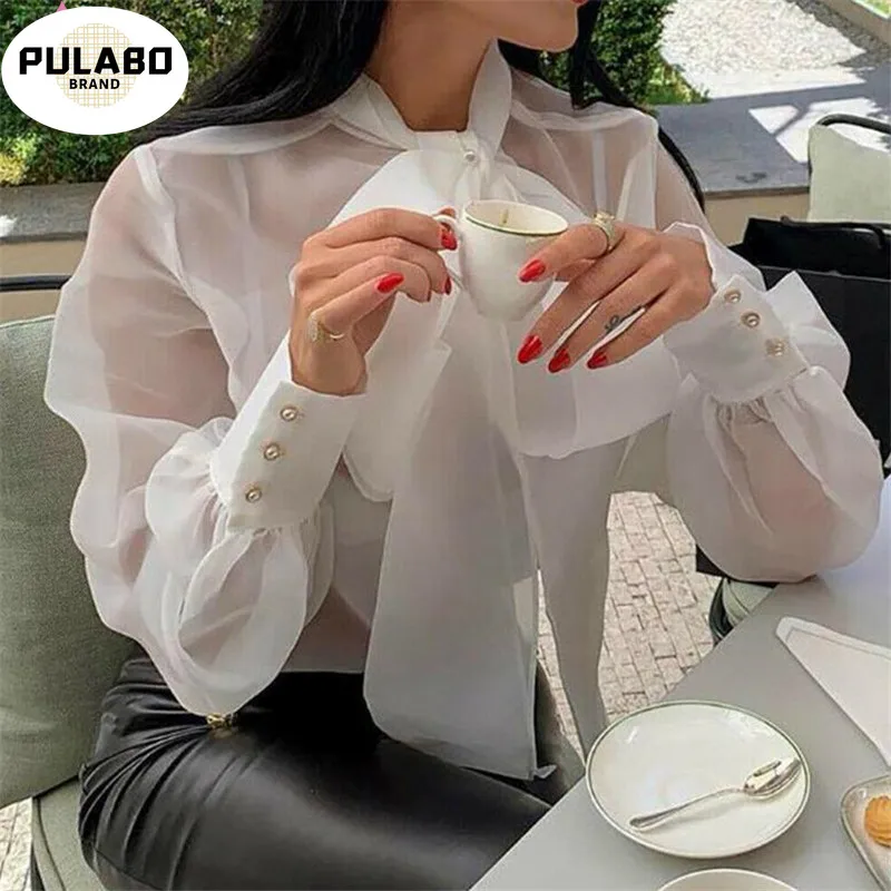 

Women Mesh Sheer Blouse See-through Long Sleeve Top Shirt Blouse Fashion Lace-up Bowknot Transparent White Shirt Female Blusas