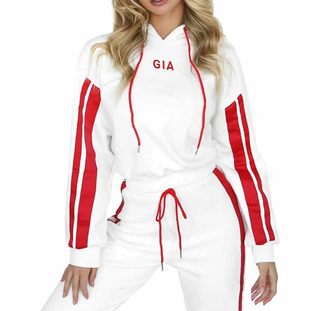 autumn two piece set Women Casual Colorblock Striped Hooded Long Sleeve Crop Tops+long Pants Running Workout Fitness Sports Suit