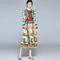 runway fashion designer fruit vegetable printing dress 2020 autumn women long sleeve vintage pleated shirt dresses