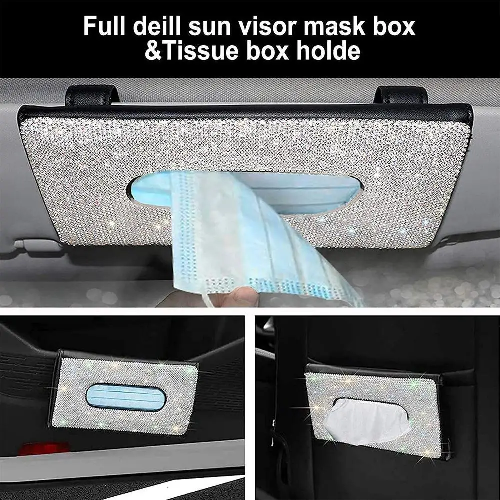 Car Sun Visor Tissue Box Holder Bling Crystals Cover Case Clip PU Backseat Mask Paper Accessories | Дом и сад