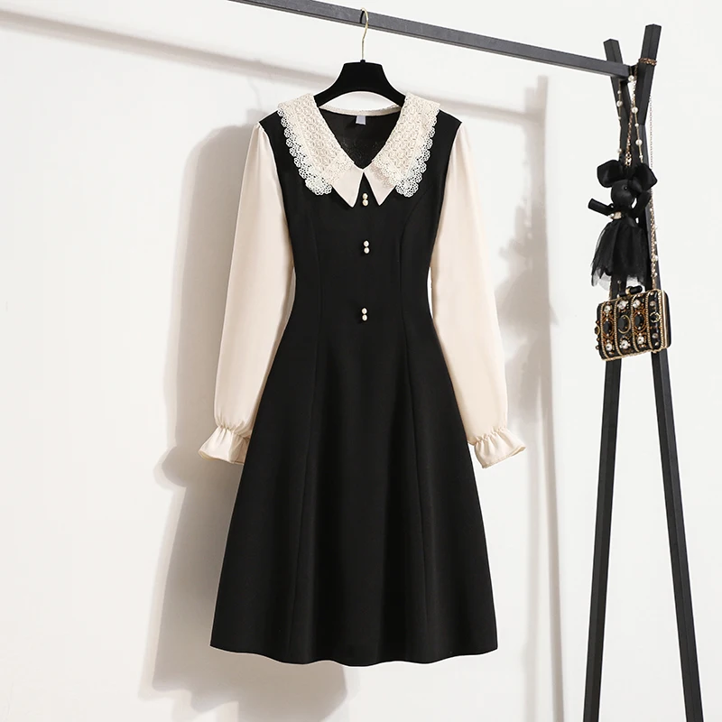 

Women 2022 Spring Autumn Long Sleeve Dresses Female Patchwork Vintage Dress Ladies Peter Pan Collar Midi Vestidos W04