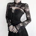 Женская короткая кружевная блузка, черная двубортная прозрачная блузка в готическом стиле с рукавами-фонариками и воротником-стойкой, 2020