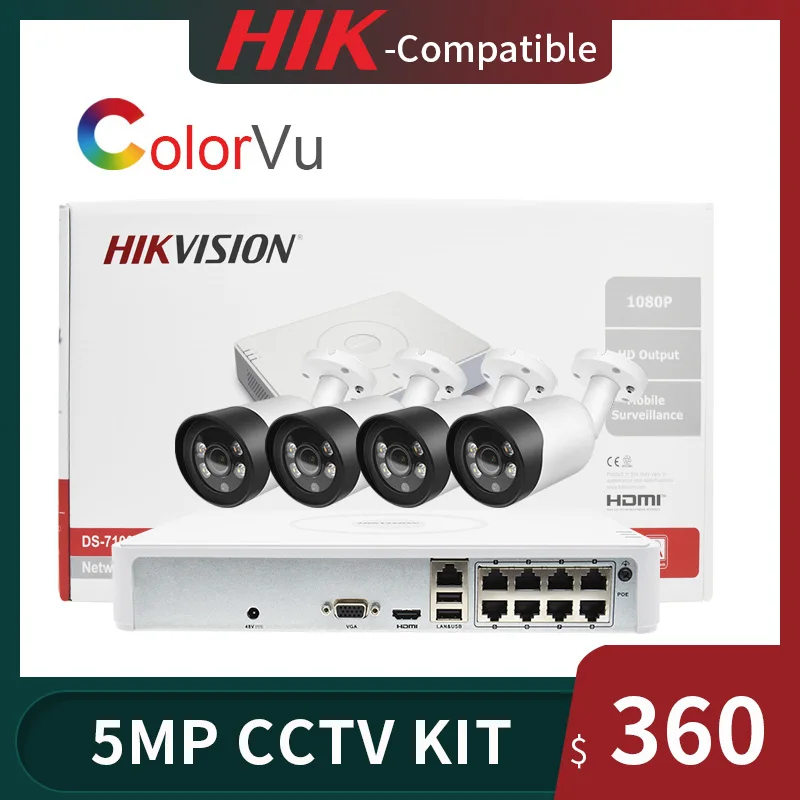 Камера видеонаблюдения Hikvision камера безопасности 8 каналов + 4 камеры 5 МП NVR POE