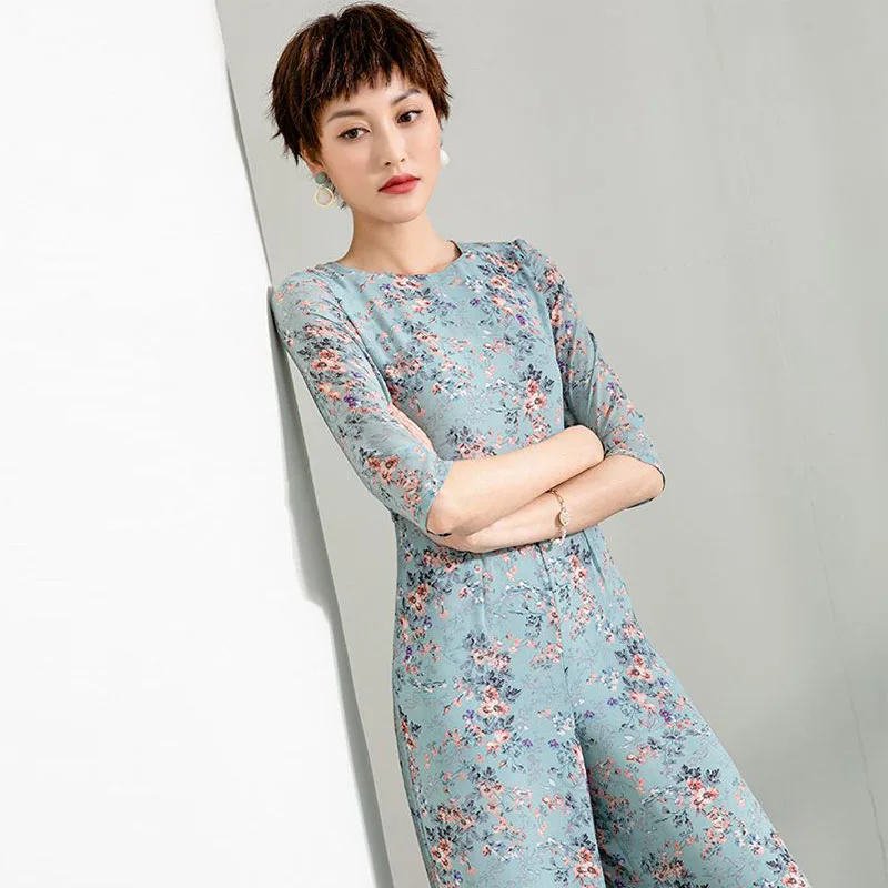 2020 Summer Party Jumpsuit for Women High Street Chiffon Print Elegant Half Sleeve O-Neck Wide Leg Rompers Plus Size 3XL 4XL