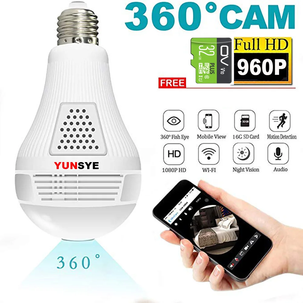 YUNSYE 360 градусов Светодиодная лампа 1080P Беспроводная панорамная Домашняя