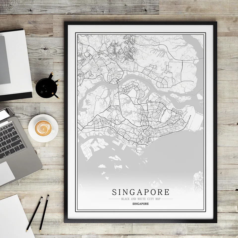 Черно-белая карта города Сингапур плакат Скандинавская гостиная настенная