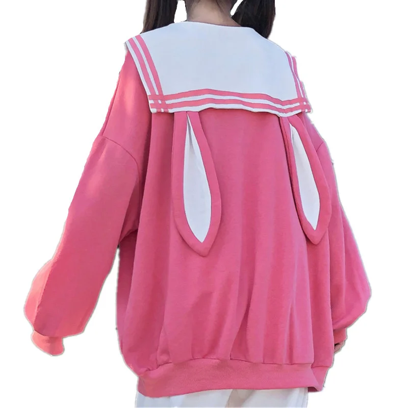 

Japanese Lolita Style Cute Women Bowknot Sweatshirts Kawaii Rabbit Long Ears Sailor Collar Hoodies Oversized Loose Pullovers Top