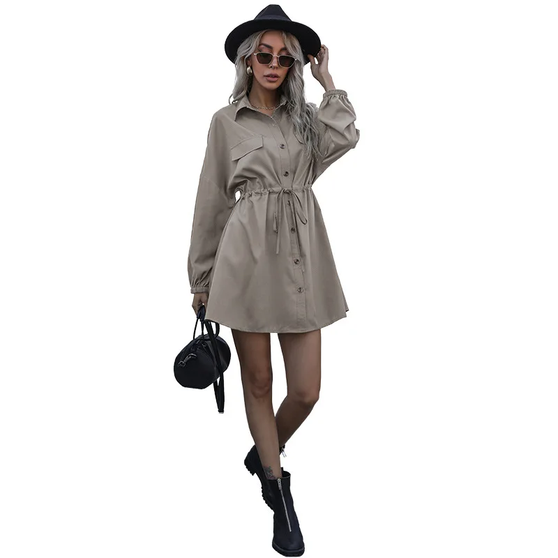 

Amazon independent station cross border 2021 spring new long sleeve solid color Lapel drawstring slim fitting shirt dress