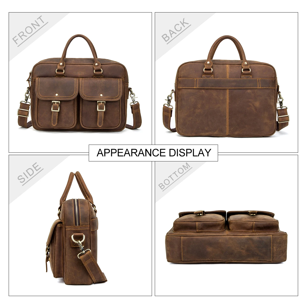 Contacts Men's Briefcases Crazy Horse Leather Shoulder Messenger Bag Male Portfolio 13