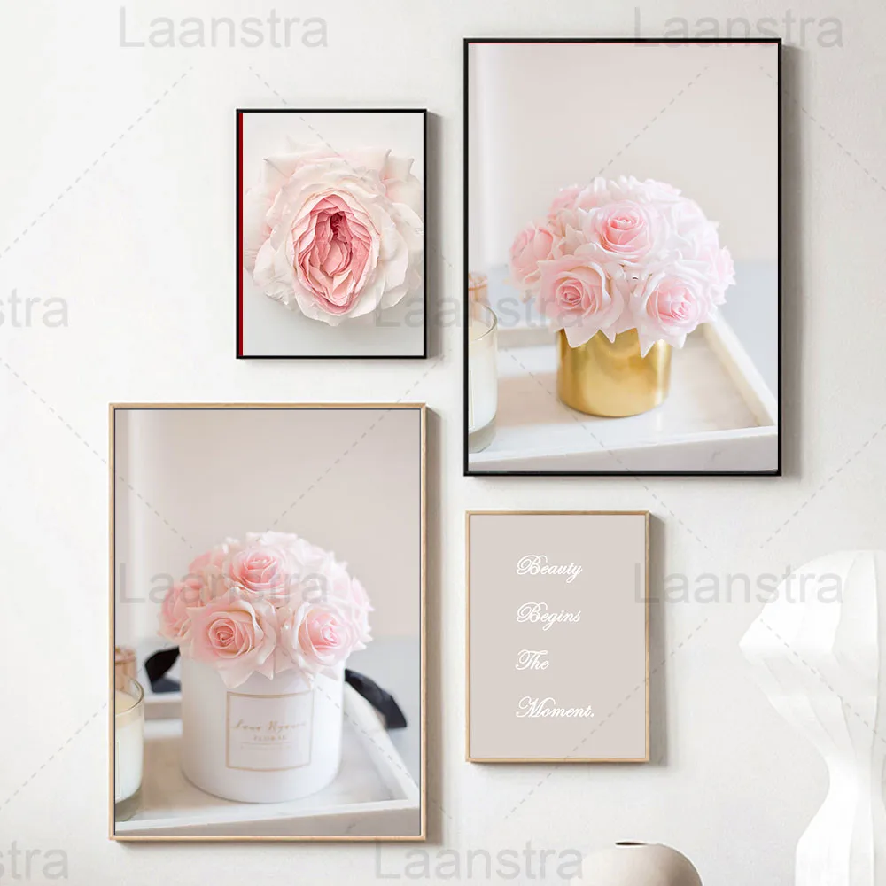 

Pink Rose Home Decoration Painting Simple Text Living Room Wall Canvas Poster Beauty Begins The Moment Restaurant Bedroom Prints