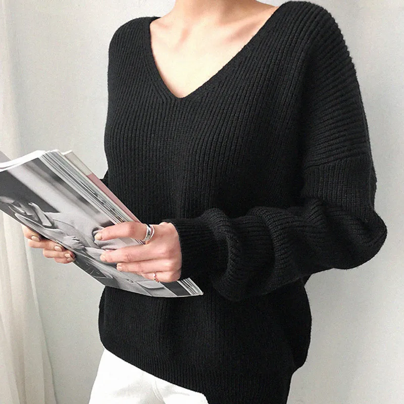 Korean Style Women Tops 2020 Autumn V Neck Solid Knitted Sweater Casual Loose Long Sleeve Ladies Pullover Cashmere | Женская одежда