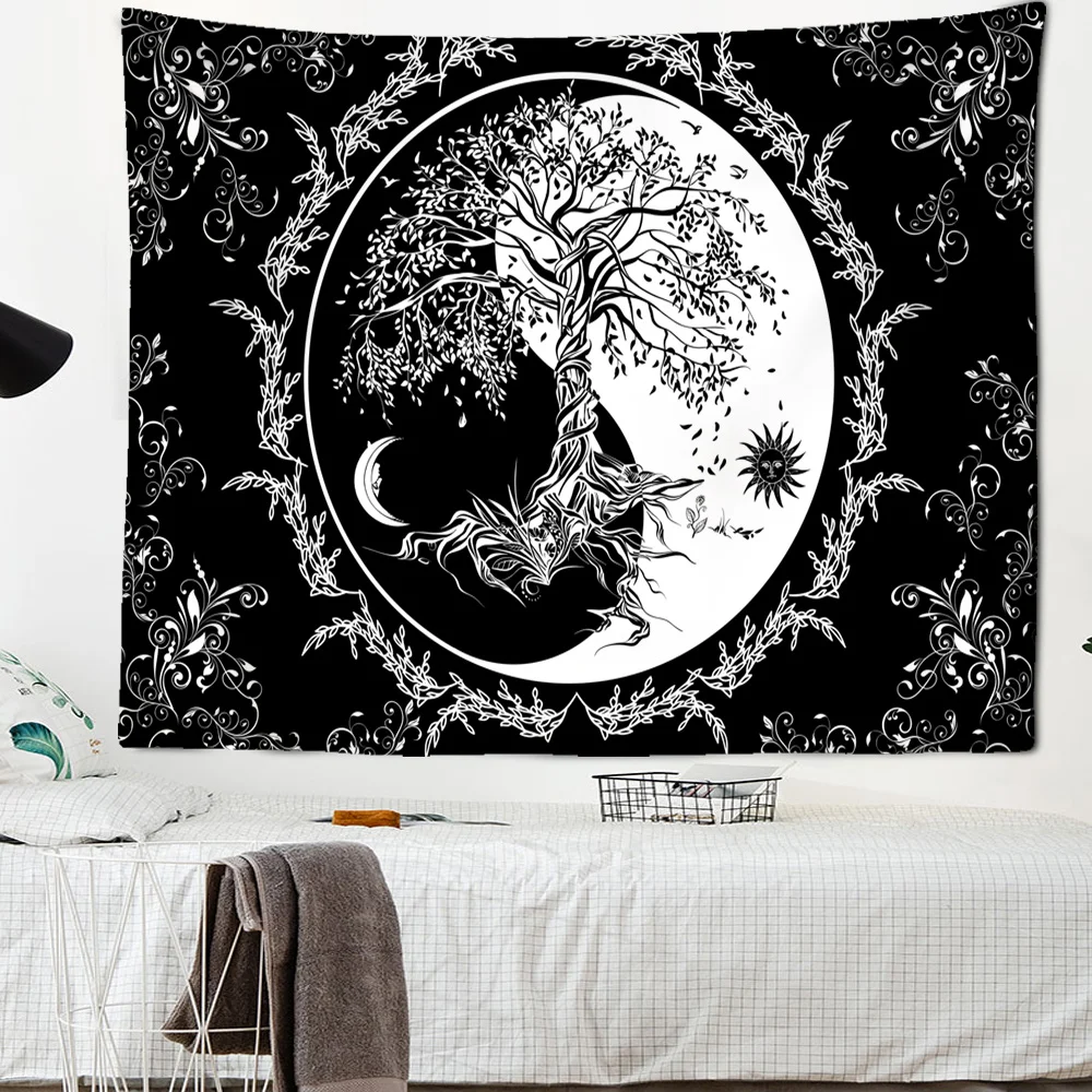 Sun Moon Vine Tapestry Wall Hanging Black And White Printing Bohemian Hippie Psychedelic Tarot Mystic Witchcraft Home Decor |