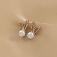 14k gold cute bunny shaped pearl drop earrings flashing diamond zircon rabbit dangle stud earrings sweet party wedding jewelry