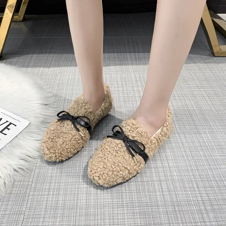 

2021 Winter Plush Shoes, Women's Cotton Shoes, Plus Velvet Lazy Shoes, Color Matching Bow Women's Shoes, Lamb Edamame Shoes