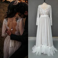 Lace Polka Dot Wedding Dress Long Sleeves Backless Beach Elopement Elegant See Through Custom Made Beading Pendant Bridal Gown