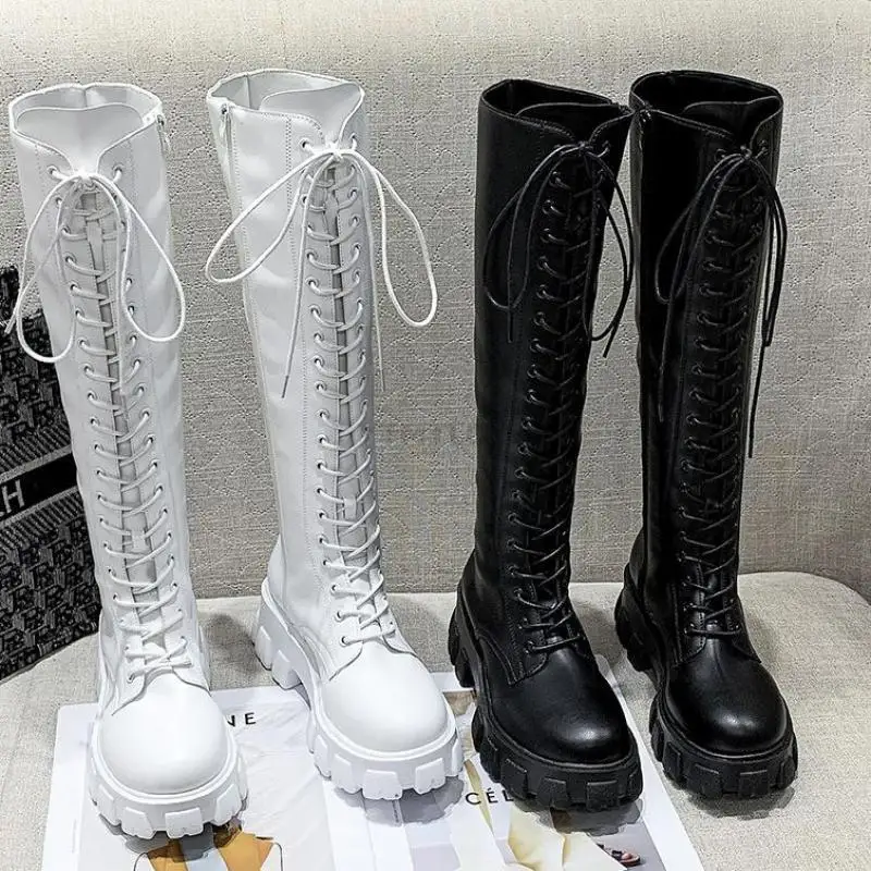 

Женские утепленные зимние сапоги до колена, мотоциклетные черные или белые сапоги в стиле ретро, с квадратным каблуком, 2021