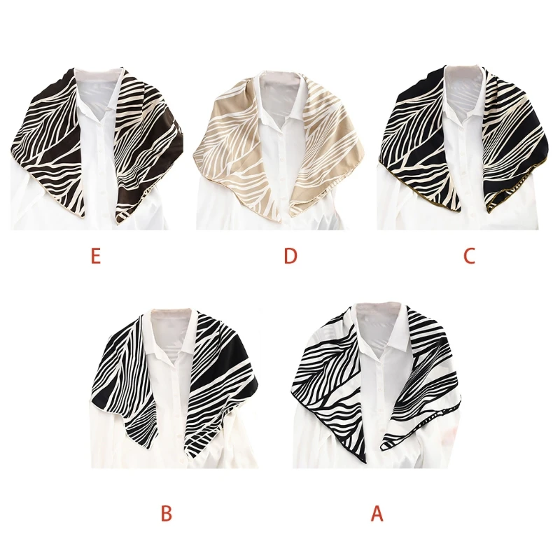 

90cm Women Silky Square Scarf Minimalist Striped Printed Shawl Wrap Neckerchief Vintage Bandana Hijab Handle Ribbon