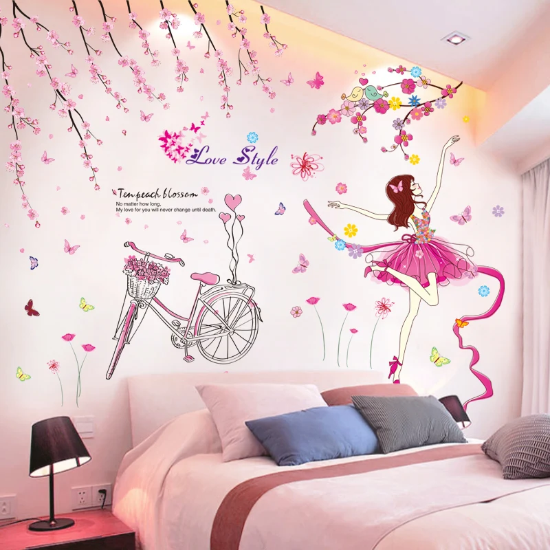 

Cartoon Ballet Dancer Girl Wall Stickers DIY Peach Flowers Bike Wall Decals for Kids Rooms Children Nursery Home Decoration