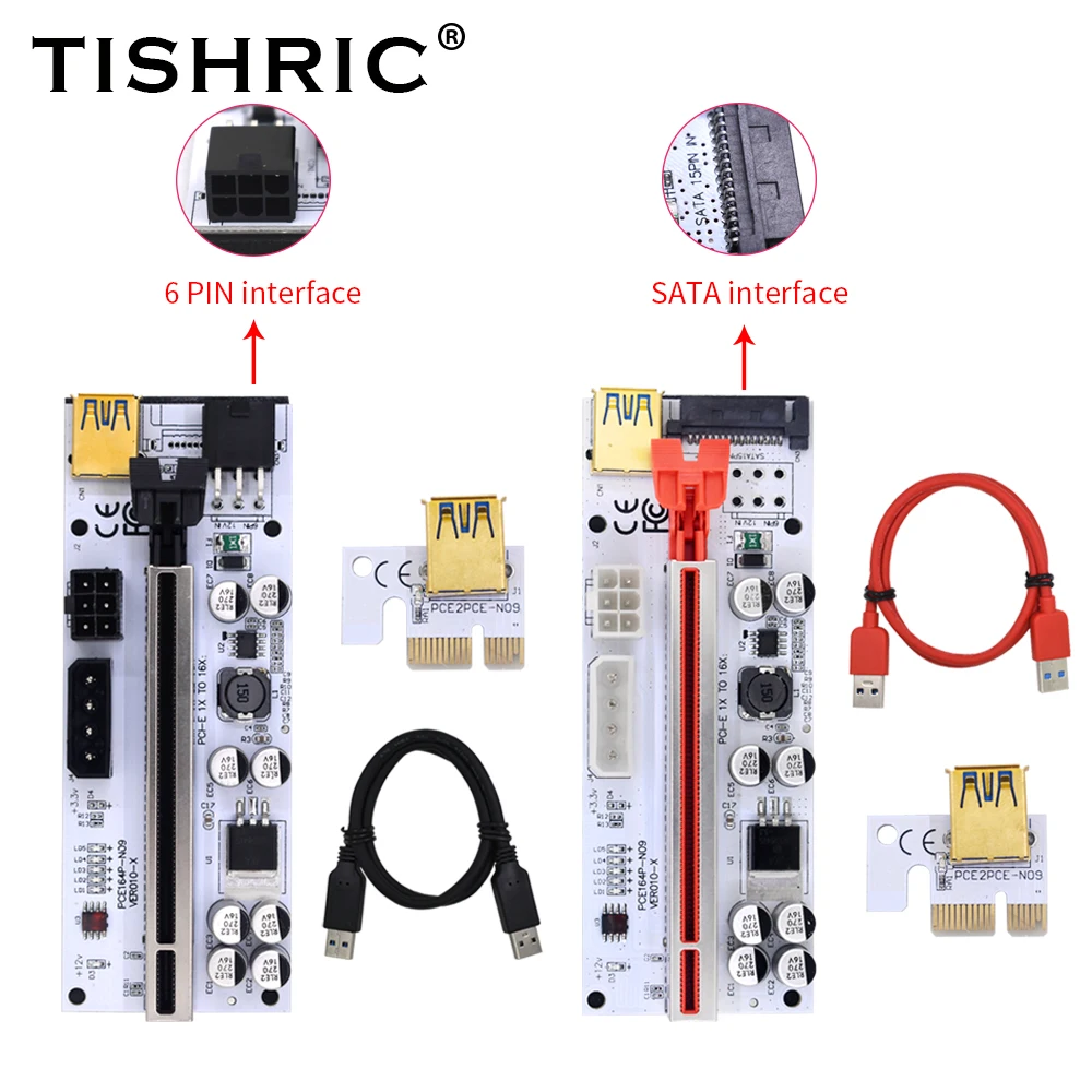 

1-10 шт. TISHRIC Riser 010 6Pin/Sata PCI Express x16 Райзер карта GPU PCIE Графический удлинитель Райзер для майнинга биткоинов для видеокарты