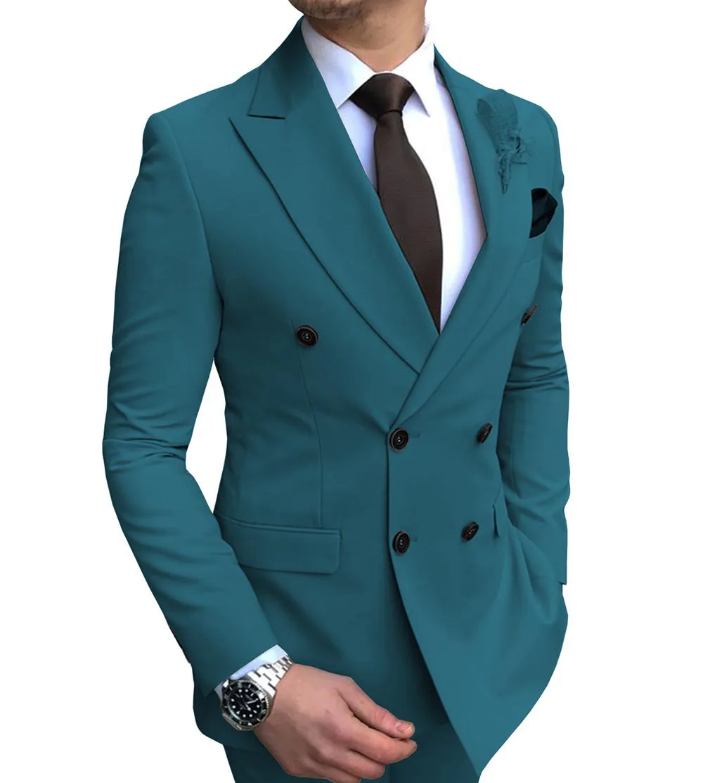 teal blue Новинка, 1 шт., Мужской Блейзер, пиджак, приталенный, двубортный, с отворотом, пиджак для свадьбы, жениха - Цвет: teal blue