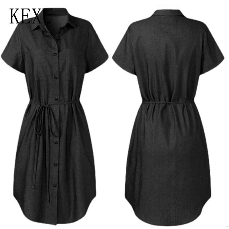 

KEXU Women Shirt Denim Dress Short Sleeve Pockets Single-breasted Irregular Hem Knee-length Summer Dress Party Beach Street Work