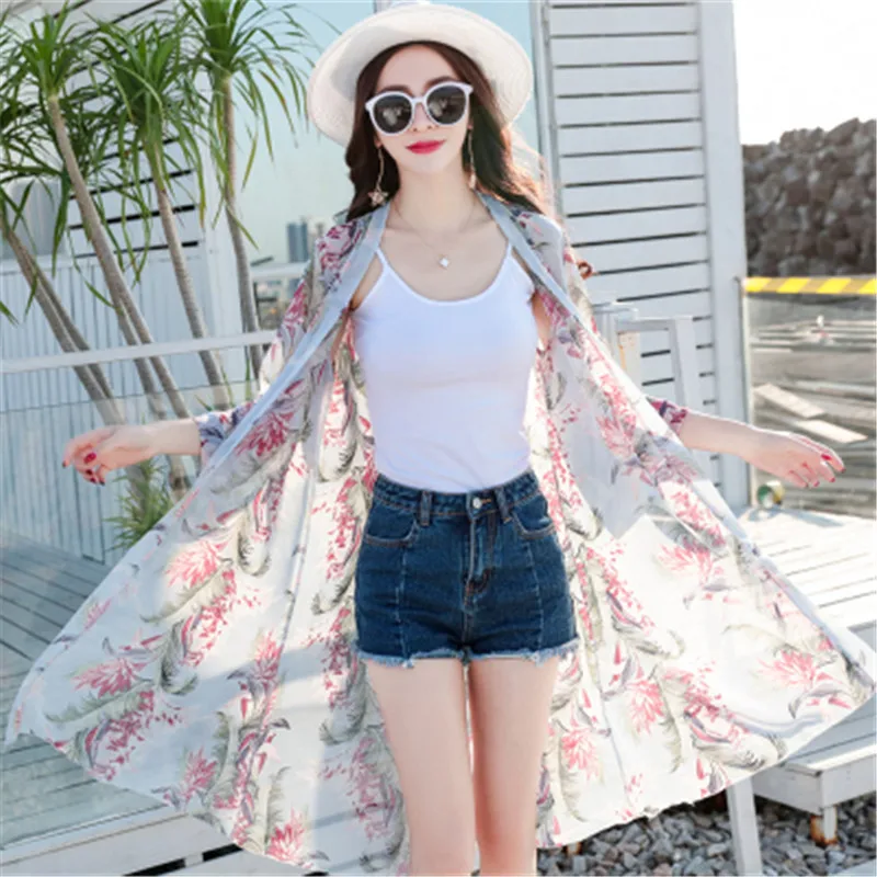 Summer 2022 Casual 3/4 Sleeve Floral Print Cardigan Chiffon Thin Sunscreen Coat Women Mid-length Beach Sun Protection Shirts | Женская