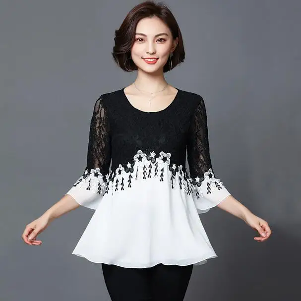 2019 летние элегантные женские пэчворк кружево шифон свободные рубашки три