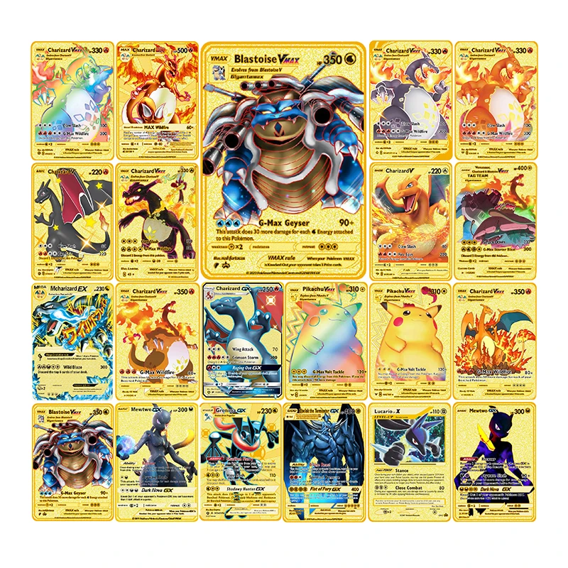 

Pokemon Cards Pikachu Metal Card Anime Trainer Charizard DIY Battle Games Playing Cards Collection Christmas Gift Kids Toys