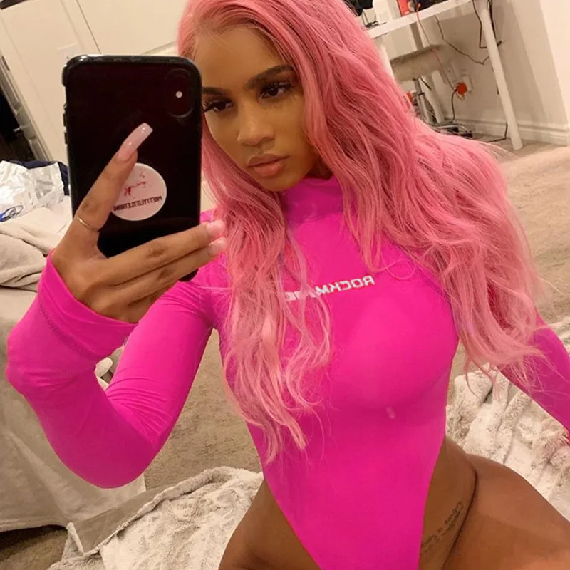 

Боди женское Облегающее с высокой талией, неоновый розовый пикантный модный базовый топ с буквенным принтом, с длинным рукавом и высоким во...