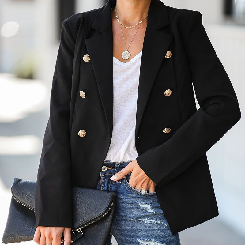 

Женский двубортный Блейзер на пуговицах, облегающий офисный пиджак, весна-осень