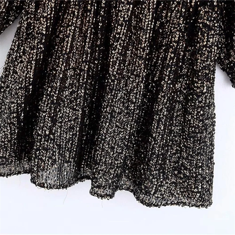 Женское Пышное мини платье Za с круглым вырезом и длинным рукавом контрастной